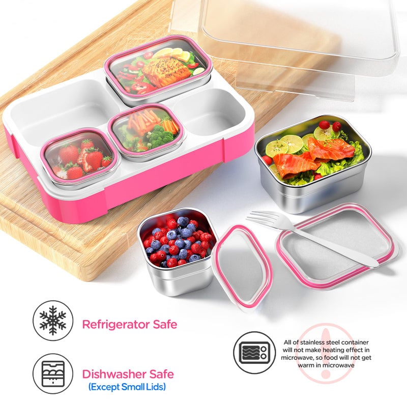 DaCool Stainless Steel Lunch Box Bento for Kids Adults Leakproof BPA-Free Metal Lunch Containers Tray 5-Compartment with Fork for Girls Food Snack Containers for School Outdoors, Pink - Image 4